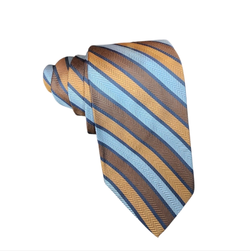 Yves Saint Laurent YSL Men's vintage Striped Silk Neck Tie Rust Brown Light Blue